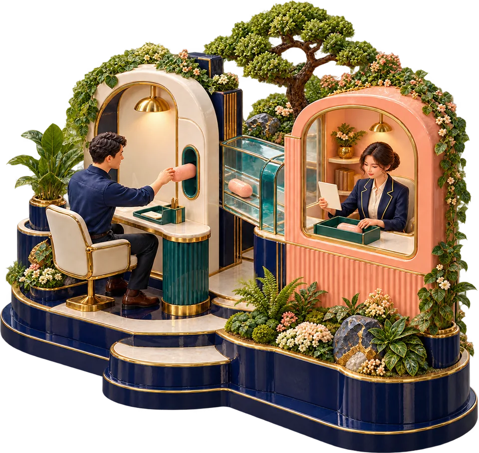 Sculptural illustration of two colleagues working at desks inside a garden workspace